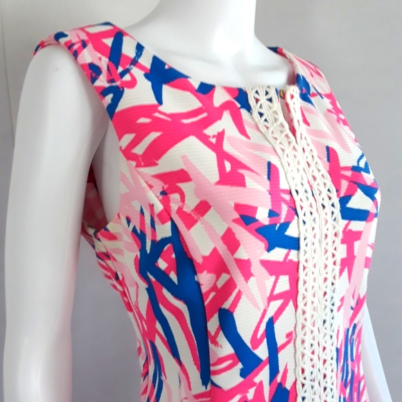 JUST...TAYLOR ABSTRACT PINK/BLUE LACE STRIPE SHIFT DRESS SZ 12 - Picture 5 of 10